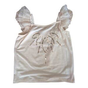 Joyfolie Girls White Tank Top with Sequin Sunburst and Lace Ruffle Sleeves